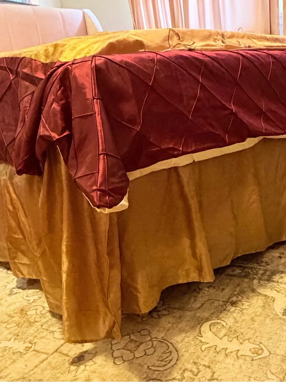 Elegant Floral Burgundy and Gold  Patchwork Duvet w Gold Dust Ruffle